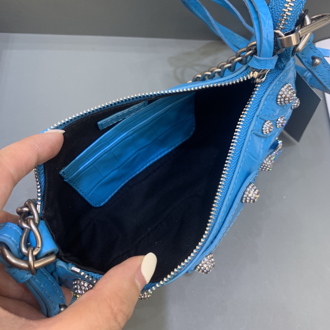 Balenciaga Le Cagole Mini Bag With Chain Crocodile Embossed Rhinestones Shoulder Bag Blue 